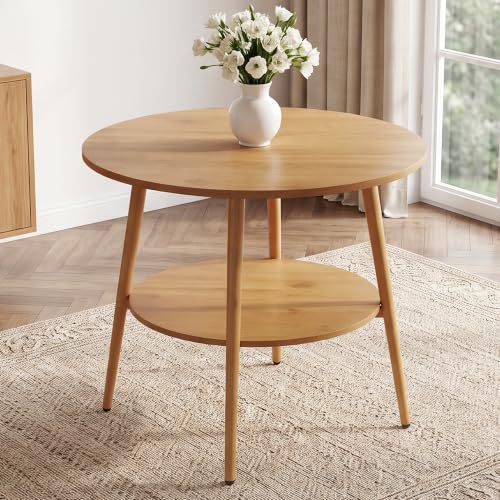 HIPIHOM Farmhouse Round Oak Dining Table, 31.5 Inch Steel Legs for 2-4 | Natural Wood Tone, Space Saving For Rental Tiny Kitchen, Stain And Spill Resistant MDF Top, Stable Anti Wobble Steel Legs - color: Oak Table