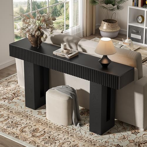 63-Inch Long Entryway Console Table with a Fluted Design, Thick Wood Farmhouse Sofa Table Behind Couch, Narrow Hallway Accent Table for Living Room, Foyer, Entrance, Modern Black - color: Black, size: 63 Inch