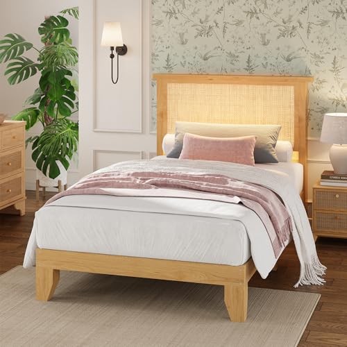 GarveeHome Rattan Twin Bed Frame, Boho Twin Size Bed Frame with Natural Rattan Headboard, Led Lights, Wooden Support Legs and Slats, Noise-Free, No Box Spring Needed - size: Twin