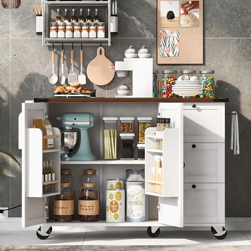 54.5”Farmhouse Kitchen Island Cart with Power Outlet, White | Rolling Kitchen Island, Drop Leaf, Power Outlet, USB Ports, Barn Doors, 2-Tier Storage, Spice Rack, 5 Lockable Wheels - color: White-54.5"