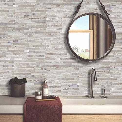 DICOFUN 10-Sheet Peel and Stick Backsplash Tile, Brown Birch PVC Mixed Metal Stick on Backsplash Tiles for Kitchen, 9.4 sq.ft - color: Brown Birch and Metal Silver, size: 10 Sheets, 12’’x12’’x0.12’’