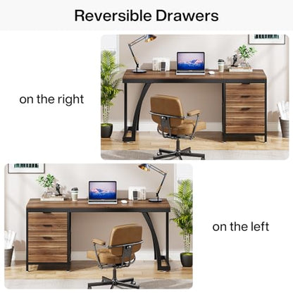 Tribesigns Computer Desk with 3 Drawers, 59-Inch PC Desk with Reversible Drawers, Industrial Study Writing Table Workstation with File Storage for Home Office, Walnut - color: Walnut