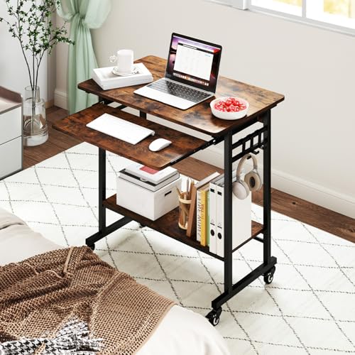 GIANTEX Rolling Computer Desk, Mobile Portable Desk with Keyboard Tray & Wheels, Laptop PC Table Cart with Shelf & Hooks, Industrial Small Desk for Small Spaces, Home Office, Bedroom, Rustic Brown - color: Rustic Brown