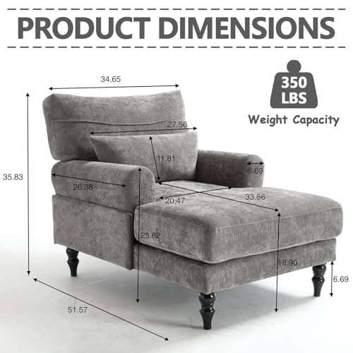 Chaise Lounge Chair Indoor Bedroom, Comfy Lounge Chair with Wide Armrest & Backrest for Small Space, Thick Cushion, High-Density Foam, Waist Pillow, Chenille (Grey) - color: Grey