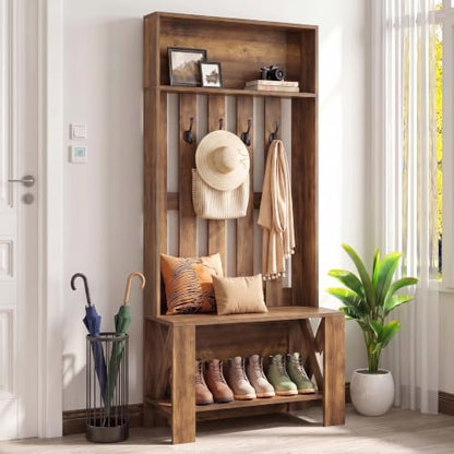 Tribesigns Hall Tree with Bench and Shoe Storage, Farmhouse Entryway Bench with Coat Racks, 70.8" Tall Wooden Freestanding Coat Rack with shoe storage and 4 Hooks for Mudroom, Hallway, Bedroom, Brown