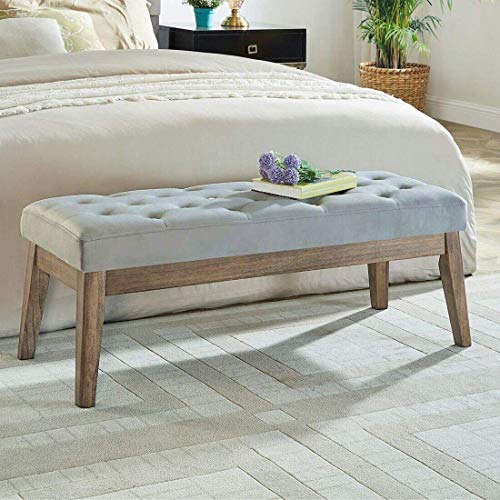 24KF Velvet Upholstered Buttons Tufted Entryway Bench with Solid Wood Leg,Bed Bench Ottoman with Padded Seat,5034-Gray - color: Gray Velvet, size: Tufted Bench with Solid Wooden Base