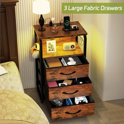 runjuly End Tables Set of 2 with Charging Station, LED Lights, Hooks, Brown | 3 Large Fabric Drawers, USB C Ports & Power Outlets, Metal Night Stand Pair, Storage Nightstand for Living Room / Bedroom - color: Rustic Brown, style: Larger+Taller Set of 2
