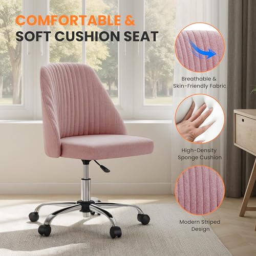 Simple Deluxe Armless Office Desk Chair, Modern Cute Swivel Vanity Chair Comfy Home Office Chairs with Wheels Height Adjustable Rolling Computer Task Stools for Living Room, Make-up, Bedroom, Pink - color: Pink