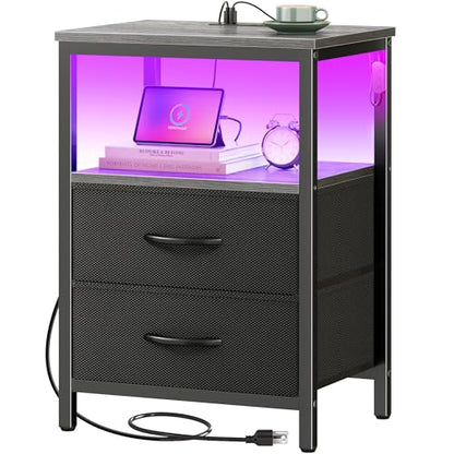 Huuger Night Stand with Charger Station and LED Lights, 2 Drawer Nightstand | Bed Side Table with Open ShelfEnd TableFabric Dresser for Bedroom, Grey and Black - color: Grey and Black, size: 11.8"D x 15.7"W x 23.6"H（2 Drawers）