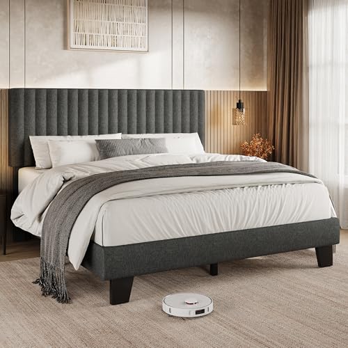 Einhomn Queen Size Bed Frame with Headboard, Upholstered Linen Platform Bedframe with Solid Wooden Slats, Noise-Free, No Box Spring Needed, Easy Assembly, Dark Grey - color: Dark Grey, size: Queen