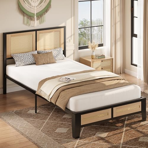 LIKIMIO Twin Rattan Bed Frame with Headboard, Boho Metal Platform Bed | Rattan headboard, 650 lb support, metal slats, EVA pads, 9.8-inch underbed clearance, no box spring needed. - size: Twin