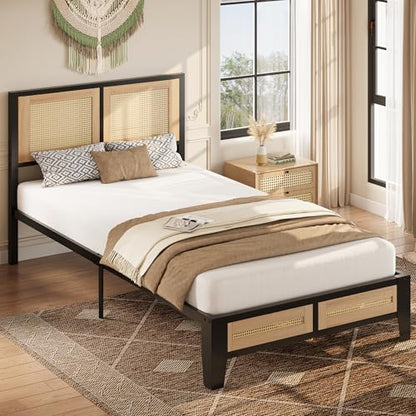 LIKIMIO Twin Rattan Bed Frame with Headboard, Boho Metal Platform Bed | Rattan headboard, 650 lb support, metal slats, EVA pads, 9.8-inch underbed clearance, no box spring needed. - size: Twin