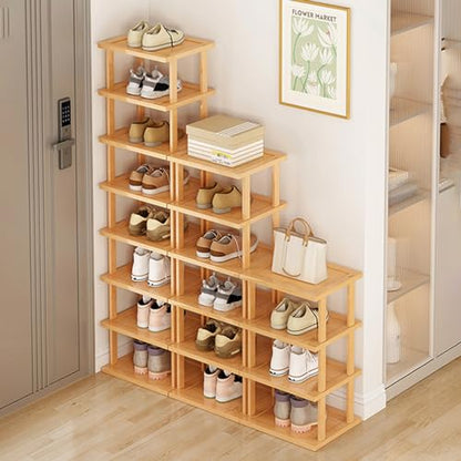 Wood Shoe Rack 5/7/8 Tier - Vertical Shoe Rack for Small Spaces, Tall Narrow Shoe Rack Organizer for Closet Entryway Corner Garage and Bedroom, Skinny Shoe Shelf with Free Stackable DIY (M) - size: Medium