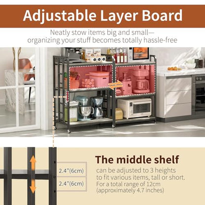 Baker's Rack with Power Outlet, 3-Tier Adjustable Microwave Cart, Greige | Microwave Stand with Storage, Spice Rack，Locking Wheels, Coffee Station for Kitchen，Living Room，Coffee Bar，Office - color: Greige
