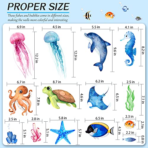 4 Sheets Ocean Fish Wall Decals Stickers Sea Wall Decal Stickers Removable Sea Life Marine Animal Sticker Underwater Ocean Creatures Decor for Kids Girls Boy Nursery Bedroom Bathroom | Vivid Sea Life and Marine Animal Sticker,Removable,Underwater Ocean Cr