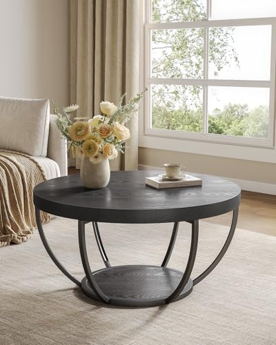 LITTLE TREE Round Coffee Table, 32" Circle Coffee Table for Living Room | 2-Tier Wood Accent Center Table with Open Storage Industrial Design Home Furniture (Black) - color: Black