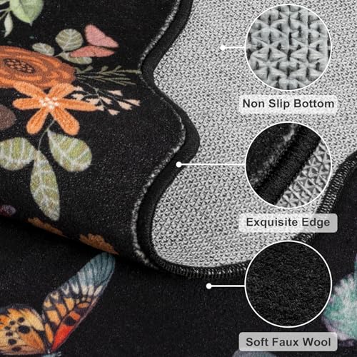 Washable Scalloped Butterfly Entryway Rug, 2x3 Black Non-Slip Boho Indoor Door Mat Ultra Thin Soft Small Kitchen Rug, Modern Botanical Floral Throw Carpet for Bathroom Entrance Bedroom - color: Black Butterfly, size: 2' x 3'