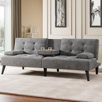 64" Futon Sofa Bed, Convertible Loveseat with 2 Cup Holders, Small Couch with 3 Adjustable Angles， Removable Armrests, Sleeper Sofa for Small Space, Dark Grey - color: Dark Grey
