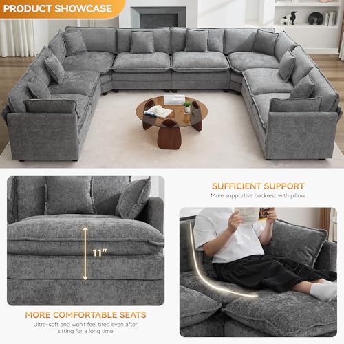 147'' Oversized U Shaped Cloud Sectional Sofa, Chenille Deep Seat Couches for Living Room, Comfy Upholstered Modular Sectional Sofa Couch, Grey - color: Grey, size: 147'' Oversized U Shape