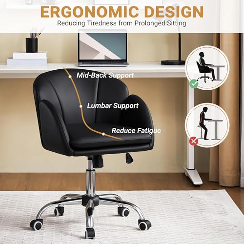 Yaheetech Black Petal Faux Leather Makeup Vanity Desk Chair, Swivel Wheels | Easy-clean faux leather cushioned seat fits makeup vanity, nail salon or office desks; adjustable height, swivel, fast setup. - color: Black