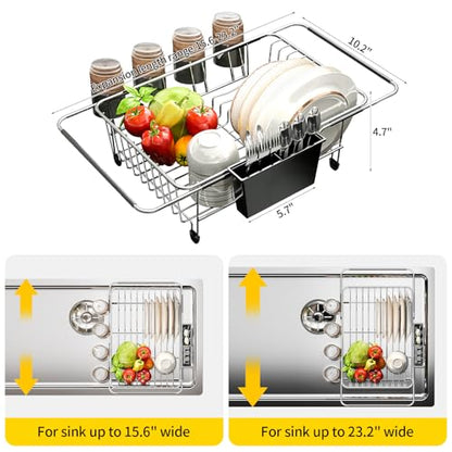 Expandable Over The Sink Dish Drying Rack - Adjustable Stainless Steel Dish Rack for Kitchen Counter or In-Sink, Heavy-Duty Rust-Proof Space Saving Drainer with Utensil Holder (15.5" to 23.2")