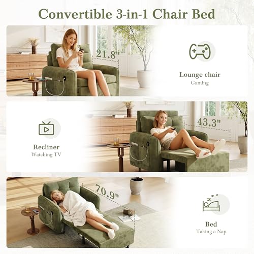 3-in-1 Convertible Sleeper Chair Bed, Multi-Functional Chenille Single Sofa Bed with Storage Pockets and Box, 80" Extra Long Pull Out Sleeping Lounge Chair for Living Room & Apartment (Green,35) - color: Green,35