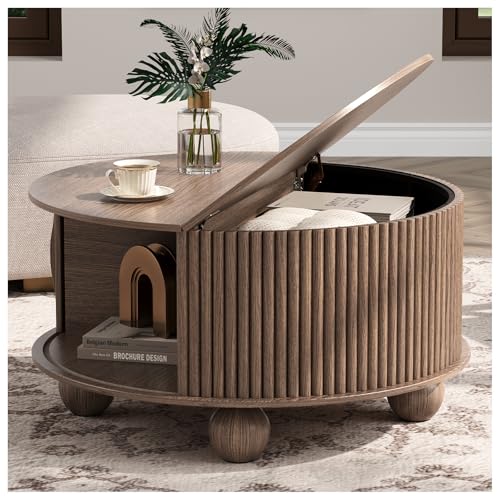 JOINICE 31.5" Round Coffee Table with Storage,Unique Bun Feet,Walnut Finish | Mid Century Center Table for Living Room,Hidden Storage,Fluted Sliding Door,Solid Wood Legs,Easy Assembly,Up to 110 lbs - color: Walnut_round (Bun Feet)