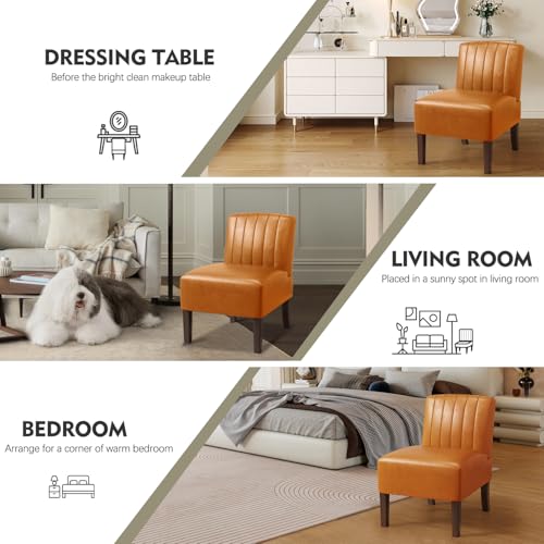 VIRRMO Armless Accent Chairs Set of 2 Upholstered Dining Chairs Living Room Chairs with Solid Wood Legs Bedroom Chair Leather Reading Chair Comfy Chair for Bedroom Vanity Kitchen (Brown) - color: Leather-brown