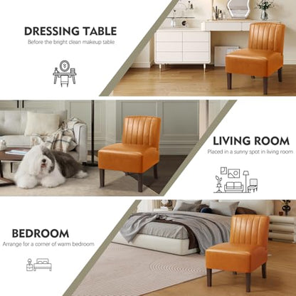VIRRMO Armless Accent Chairs Set of 2 Upholstered Dining Chairs Living Room Chairs with Solid Wood Legs Bedroom Chair Leather Reading Chair Comfy Chair for Bedroom Vanity Kitchen (Brown) - color: Leather-brown