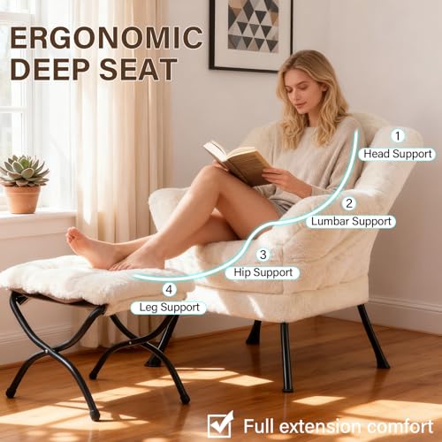 Welnow Lazy Chair with Ottoman, Reading Chair with Footrest, Plush Beige | A Side Pocket,Armrests,Foldable Footrest,Thick Cushioned Seat & Backrest, Lounge Chair for Bedroom,Living Room & Small Space - color: Plush Beige