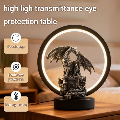 Dragon Lamp Light Fantasy Statue Dungeon and Dragons Gifts ﻿ ﻿ ﻿ | 6.15 inch LED Circle USB Table Lamp Light for Bookshelf/Desk/Bedside/Nightstand,Great for Collectors and Dragon Fans Alike - color: Black