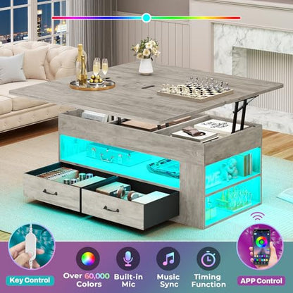 Itaar Lift Top Coffee Table, 4 in 1 Coffee Tables with Storage and Hidden Compartment, Farmhouse Coffee Table with 2 Fabric Drawers & LED Light for Living Room, Grey Oak - color: Grey Oak