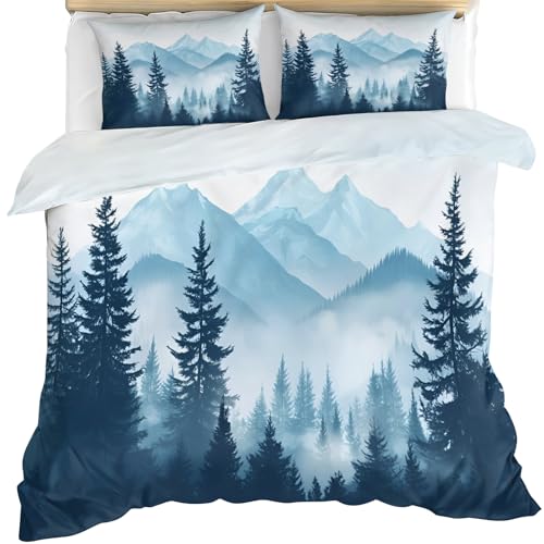 Mountain Duvet Cover Full, Misty Pine Comforter Sets, Blue Forest Bedding Set, 2 Pillow Cases, Zipper & Ties, Soft Microfiber Reversible Print Duvet Cover & Home Decor - color: Misty Pine, size: Full (80 x 90 in)