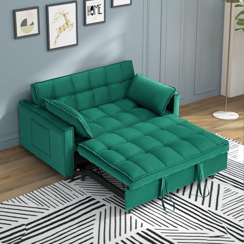 3 in 1 Convertible Sleeper Sofa Bed, Velvet Loveseat Futon Pull-Out Couch with Adjustable Reclining Backrest, Side Pockets and Pillows for Living Room, Bedroom, Apartment, Small Spaces (Green-Velvet) - color: Green-velvet