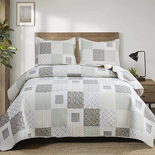 Ycosy Quilt Set King Size Floral Bedspread Coverlet Plaid Patchwork Quilt Bedding Morden Lightweight Bedspread Reversible Home Quilts Grey Floral Bed Cover Set White Beige Plaid Quilt - color: Grey White, size: King