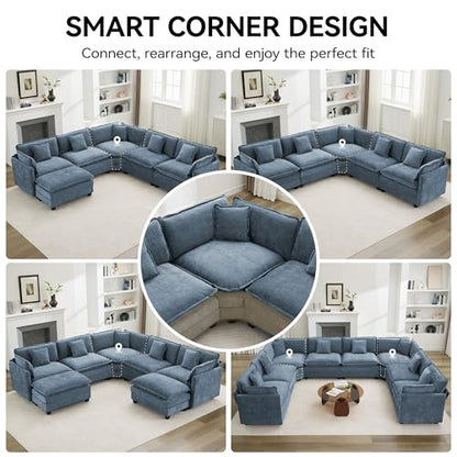 113'' V Shaped Cloud Sectional Sofa, Oversized Deep Seat Couches for Living Room, Chenille Comfy Upholstered Modular Sectional Sofa Couch,Blue - color: Blue, size: 113'' V Shape