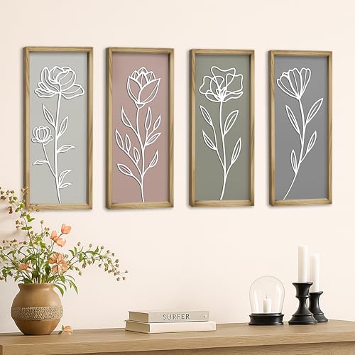 3D Wooden Floral Bathroom Wall Decor, Set of 4 Framed Wall Art | For Living Room, Bedroom, Dining, Office & Kitchen – Boho Botanical Wall Hanging, Modern Farmhouse Home Decor & Gift