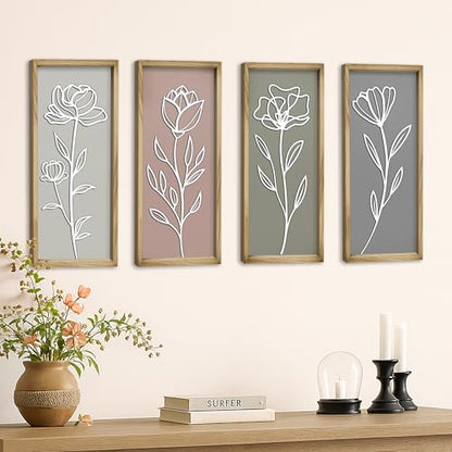 3D Wooden Floral Bathroom Wall Decor, Set of 4 Framed Wall Art | For Living Room, Bedroom, Dining, Office & Kitchen – Boho Botanical Wall Hanging, Modern Farmhouse Home Decor & Gift