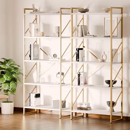 Shintenchi 5 Tiers Bookshelf, Classically Tall Bookcase Shelf,Industrial Book Rack,Modern Book Holder in Bedroom/Living Room/Home/Office, Storage Rack Shelves for Books/Movies,Gold - color: Gold