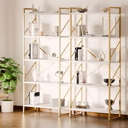 Shintenchi 5 Tiers Bookshelf, Classically Tall Bookcase Shelf,Industrial Book Rack,Modern Book Holder in Bedroom/Living Room/Home/Office, Storage Rack Shelves for Books/Movies,Gold - color: Gold