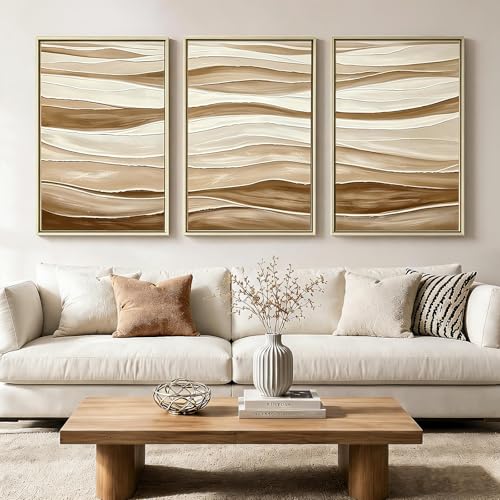 Modern Abstract Beige Brown Wavy Lines Wall Art 3Piece 24x36 Inch | Large Framed Canvas Wall Art for Living Room, Ready to Hang Paintings Artwork for Entryway Hallway Office Wall Decor - color: Dark Brown