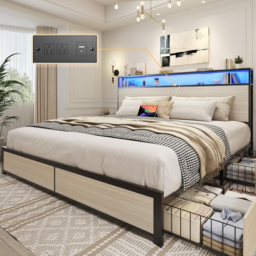Lifezone King Bed Frame with 2-Tier Storage Headboard, Metal Platform Bed Frame with 4 Storage Drawers, Built in Charging Station & LED, Noise-Free/Metal Support/No Box Spring Needed, Beige - color: Beige, size: King