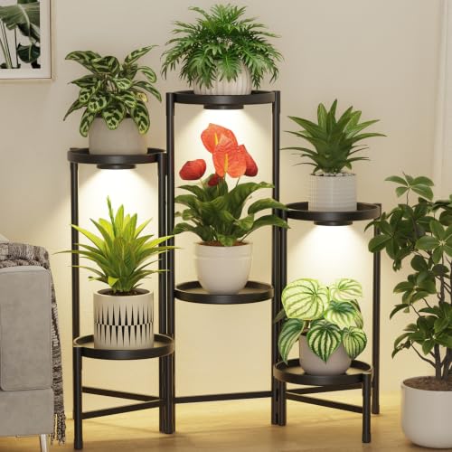 LASZOLA Plant Stand Indoor 10 Inch Large Tray With Lights, 6 Tier Black | Corner Tall Folding Flower Display Rack, Modern Plant Holder Shelf, for Outdoor Patio Porch Garden Living Room - color: Standard Black with Light, size: 6 Tier