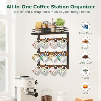 EsLuker.ly Coffee Mug Holder Cup Hanger Wall Mounted Display Rack | Metal Organizer with 12 Movable Plastic Hooks, Wood Rustic Shelf for Coffee Bar Home Kitchen, Thoughtful Wall Storage - style: 12 Movable Hooks Brown Style