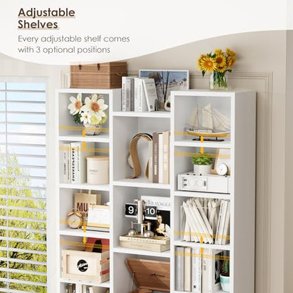 FOTOSOK 71'' H White Bookshelf with 21 Cubes, Triple Wide Tall Bookshelf | 8 Tier Bookcase with 8 Adjustable Shelves, Large Bookshelf DVD/CD Media Tower Storage, Freestanding Display Shelf Cabinet - color: White