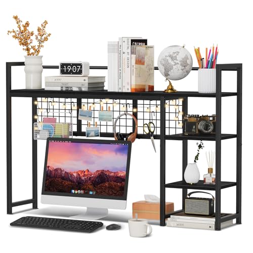 Snughome Desk Shelf, 44.9" Desktop Organizer Shelf, Desk Hutch for Computer Monitor, 4 Tier Desk Display Rack with Pegboard Hooks Set, Wood Desktop Bookshelf for Home Office Dorm - color: Black, size: 44.9"