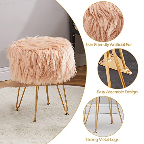 Faux Fur Storage Ottoman Round Furry Vanity Stool Marble Grain Tray Coffee Table Compact Footrest Stool with 4 Metal Legs Soft Makeup Seat Foot Stools Living Room Bedroom Entryway Champagne - color: Champagne