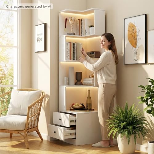 4 Tier Corner Bookshelf with Drawers, L Shaped Freestanding Corner Bookcase with LED Lights and Baffle, Space Saving Display Shelf for Living Room, Bedroom, Home Office, Kitchen(White) - style: White-with drawers
