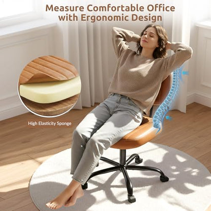 Swivel Rolling Office Chair, Armless Pu Leather Vanity Chair with Back Lumbar Support Height Adjustable Computer Chair, Small Desk Chair for Home Office, Brown - color: Brown