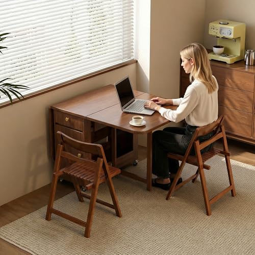 Drop Leaf Table and Chairs - 59" Fully Assembled Folding Dining Table 4-6 Seater with Storage and Lockable Wheels, Space-Saving Set with 2 Chairs for Kitchen or Dining Room (Walnut) - color: Walnut, size: 59.06″L Table & 2 Chairs